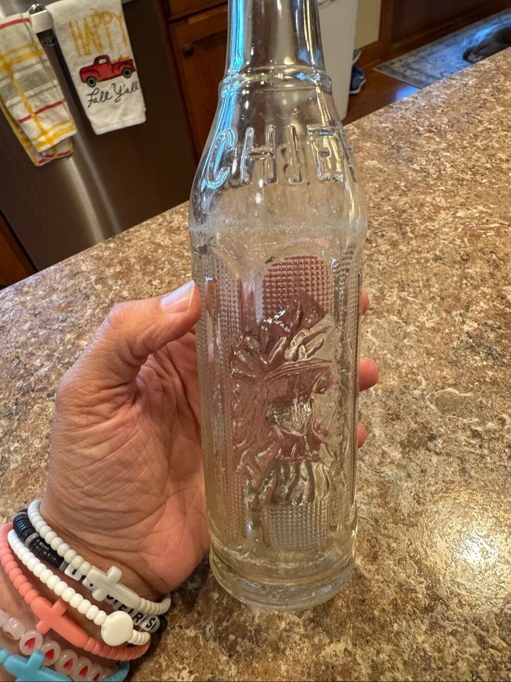 Vintage Big Chief Embossed Glass Soda Bottle Indian Head